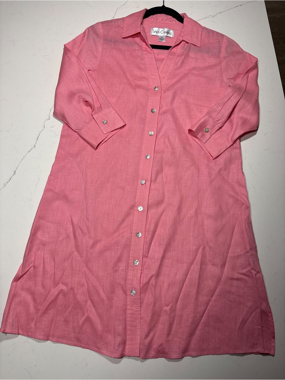 Sara Campbell Linen Shirt Dress Women’s Medium Pink V-Neck USA NWOT